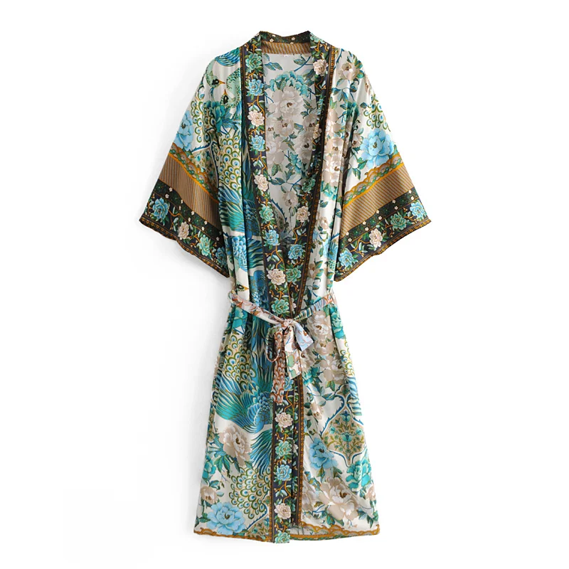 Boho women peacock floral print bat sleeve beach Bohemian Kimono robe Ladies V neck Tassel Summer happie dress vestidos