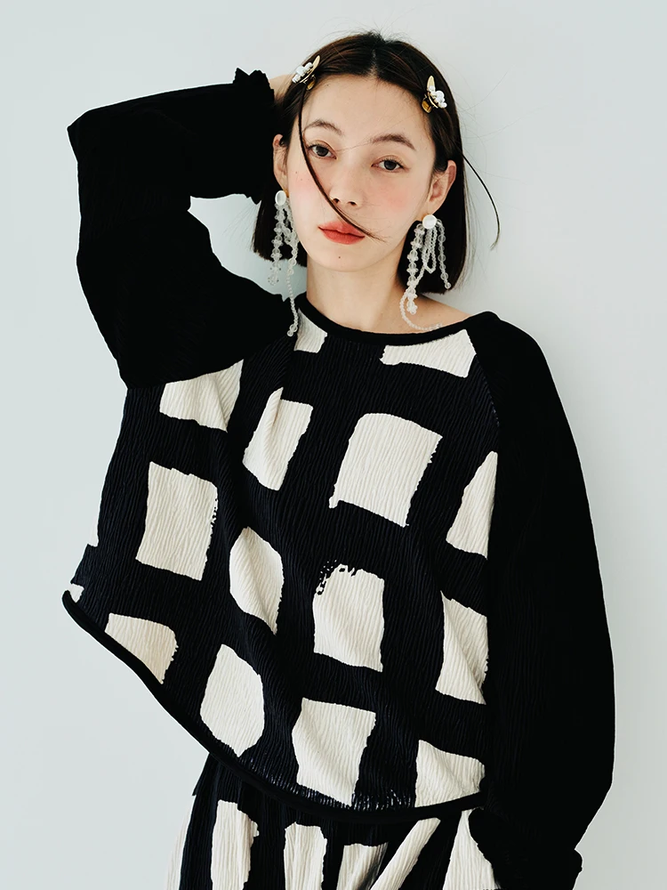 Imakokoni-오리지널 디자인 긴 소매 라운드 넥 풀오버 탑 티셔츠, 가을용 격자 무늬 프린트, 루즈한 패치 워크 여성 티셔츠