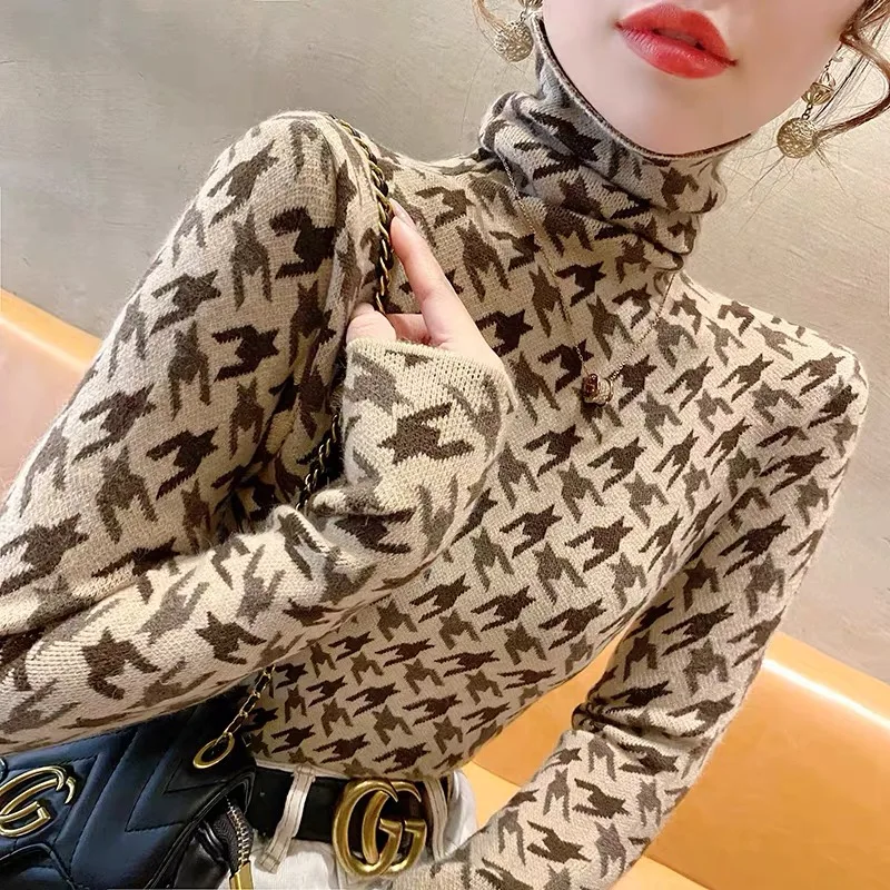 

Women Clothing Chic Slim Turtleneck Sweaters Spring Casual Elasticity Pullover Tops Knitted Fashion Vintage Comfortable Knitwear