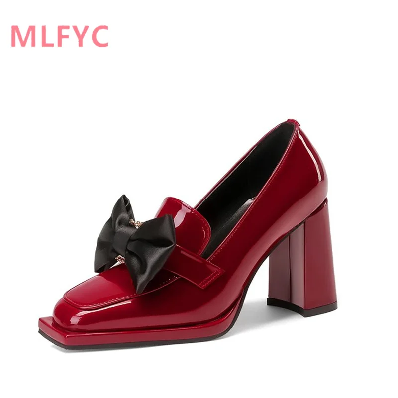 Single Shoe Women's 2022 Autumn New Square Head Lacquer Leather Women's Thick Heel Bow Waterproof Platform Cover Shoes