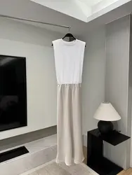 Women 2024 New Fashion Patchwork Silk texture Midi Dress Vintage Backless Elastic Wide Straps Female Dresses Vestidos robe Mujer