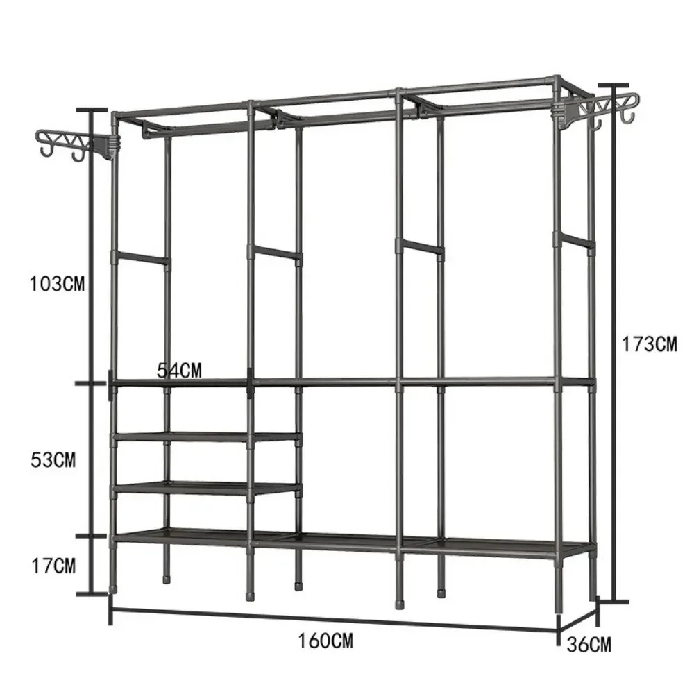 Clothes Rack Double Row Large Floor Hangers with Hanging Hooks Rods Household Simple Storage Shelf Coat and Shoes