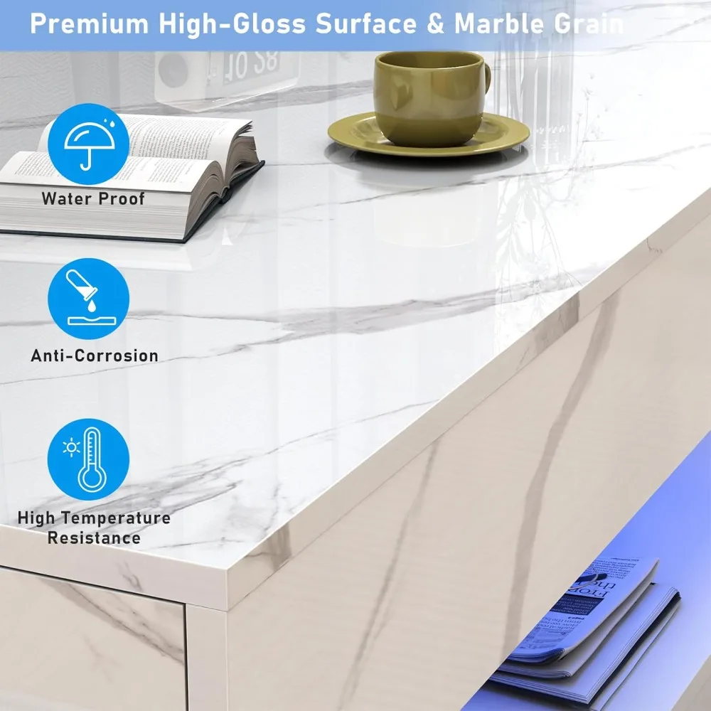 47.2 Large High-Glossy LED Coffee Table with 2 Sliding Drawers, Living Room Storage Coffee Tables with Marbling Print