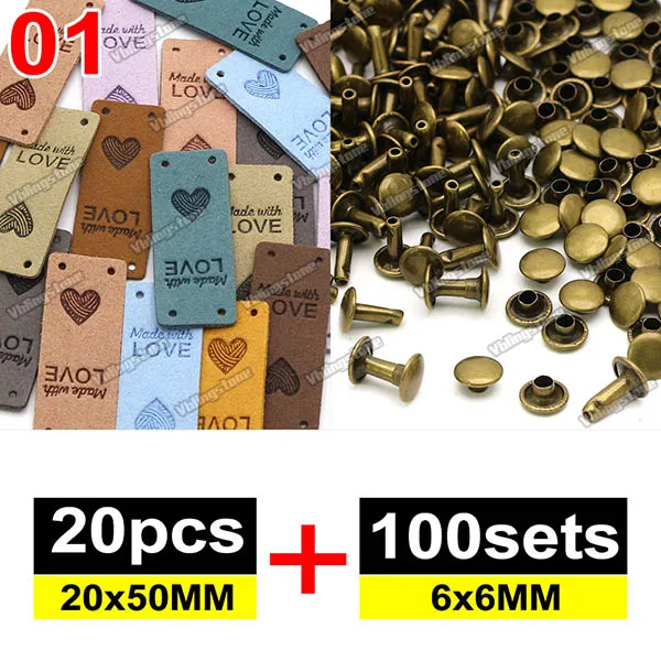 Mix 10Colors Leather Labels Embossed Handmade Tags for Clothes Flag Label with 100Sets 6x6MM Metal Spikes Sewing Accessories