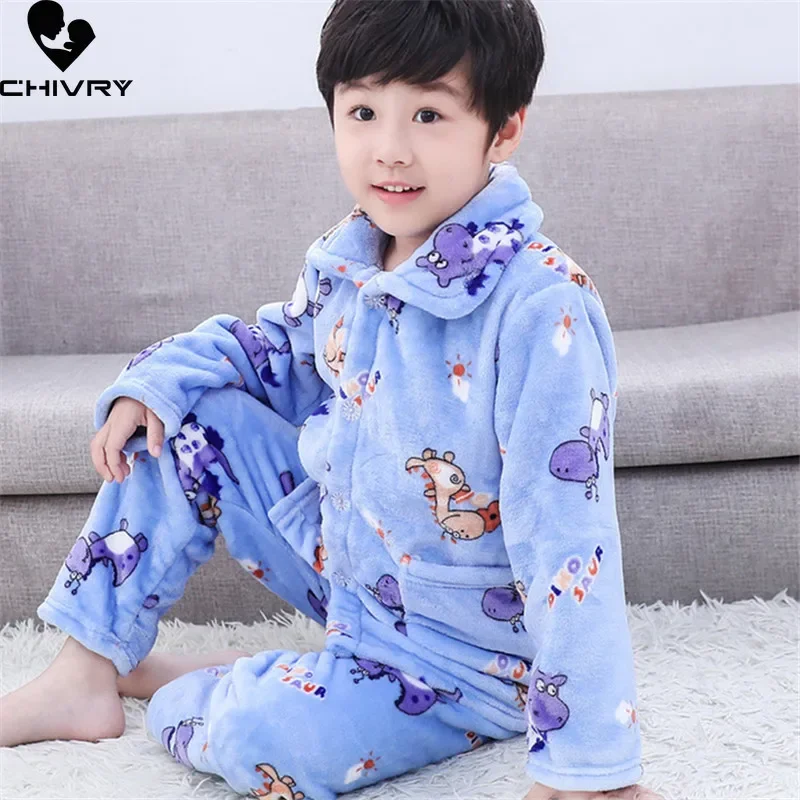 New Kids Flannel Pajama Sets Boys Girls Autumn Winter Thicken Warm Home Wear Cartoon Lapel Long Sleeve Sleeping Clothing Sets