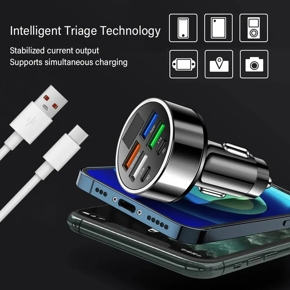 Adattatore caricabatterie per auto super veloce 6 in 1 con display LED della tensione, caricabatterie per telefono alimentato da presa auto per dispositivi intelligenti come tablet - immagine 5