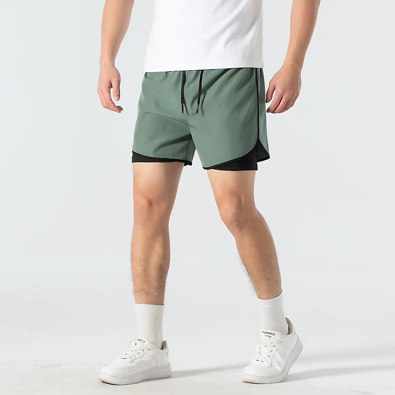 Summer New Unisex Sports Running Shorts Spanelled Pockets Elastic Waist Drawstring American Quick Drying Fake Two Pieces Shorts