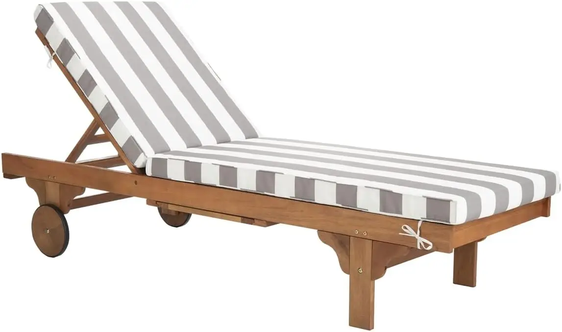 

SAFAVIEH Outdoor Collection Newport Natural/ Grey & White Stripe Cushion Built-in Side Table Adjustable Chaise Lounge Chair