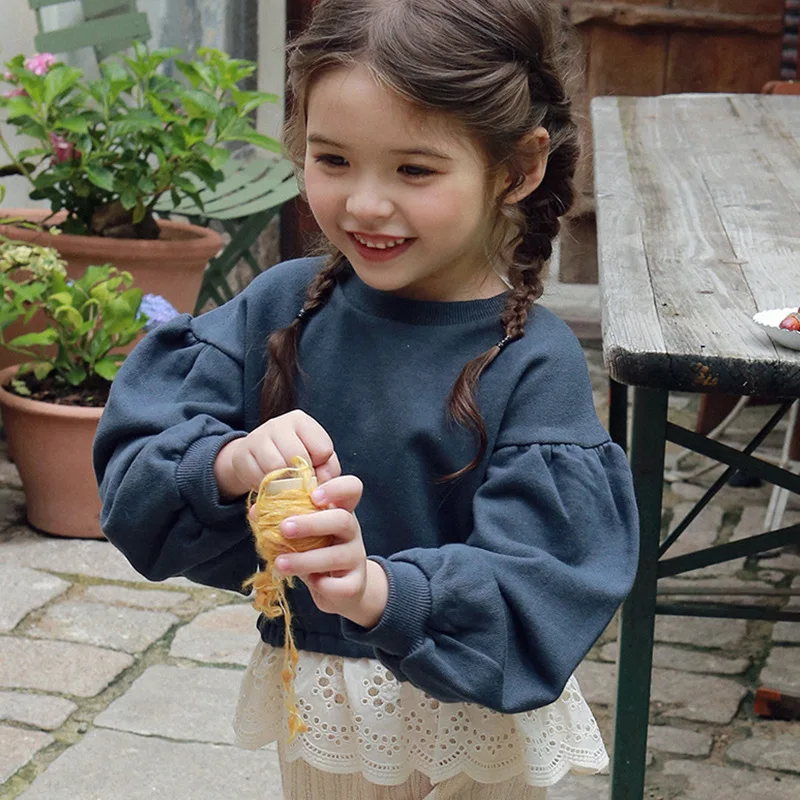 Autumn Korean Children Girls Fashionable Lace Round Neck Loose Short Sweater Clothing Sets