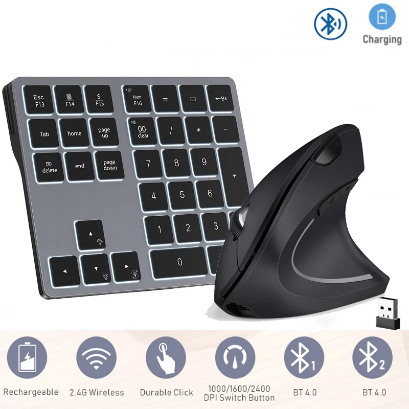 

Missgoal Wireless Number Pad And Mouse Rechargeable Backlit Numeric Keypad Bluetooth Numpad USB 2.4G Mouse For Laptop PC