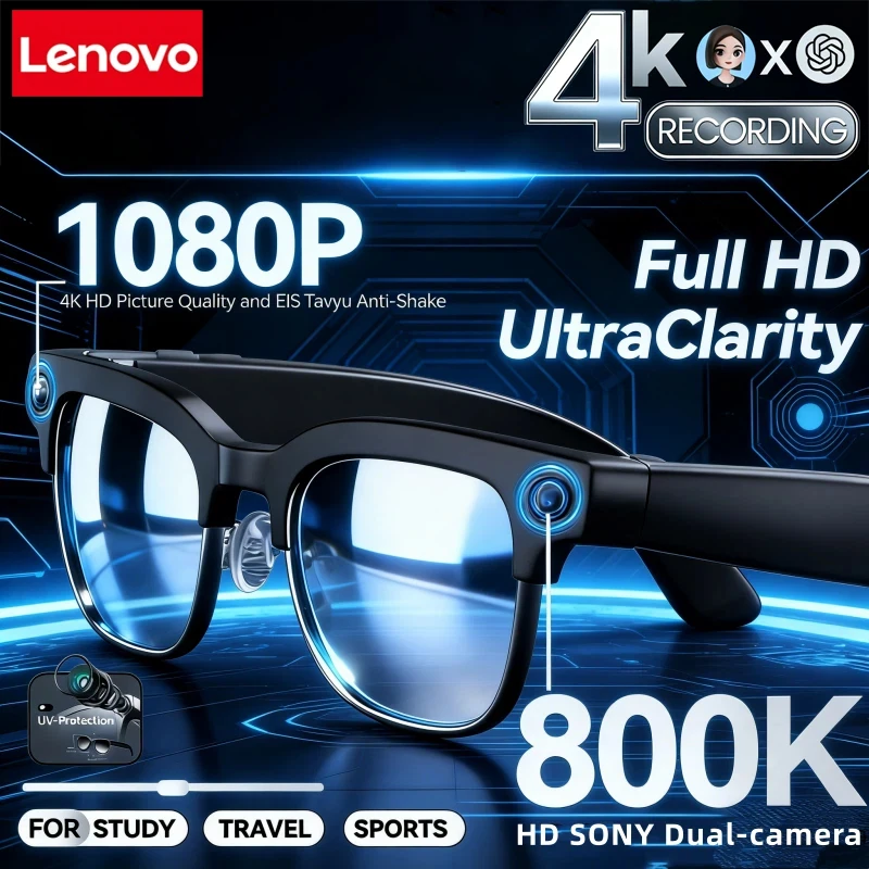 Lenovo 8K AI Smart Glasses 100MP Camera Chat GPT Touch Sport Sunglasses Bluetooth Call Video Music Player Men Women