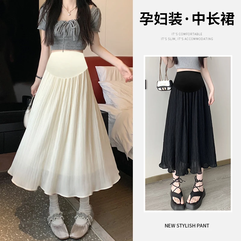 러칭 플리츠 A 라인 스커트, 임산부용 신축성 허리, 배꼽 A 라인, 달콤한 청소년 임신, 여름 패션