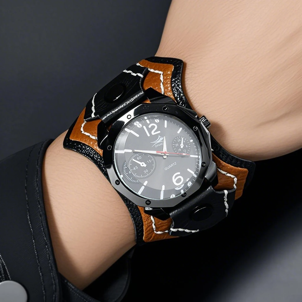 Montre à Quartz pour hommes, Style Punk Rock, grand cadran, Vintage, multicouche, bracelet en cuir de vache cousu à la main