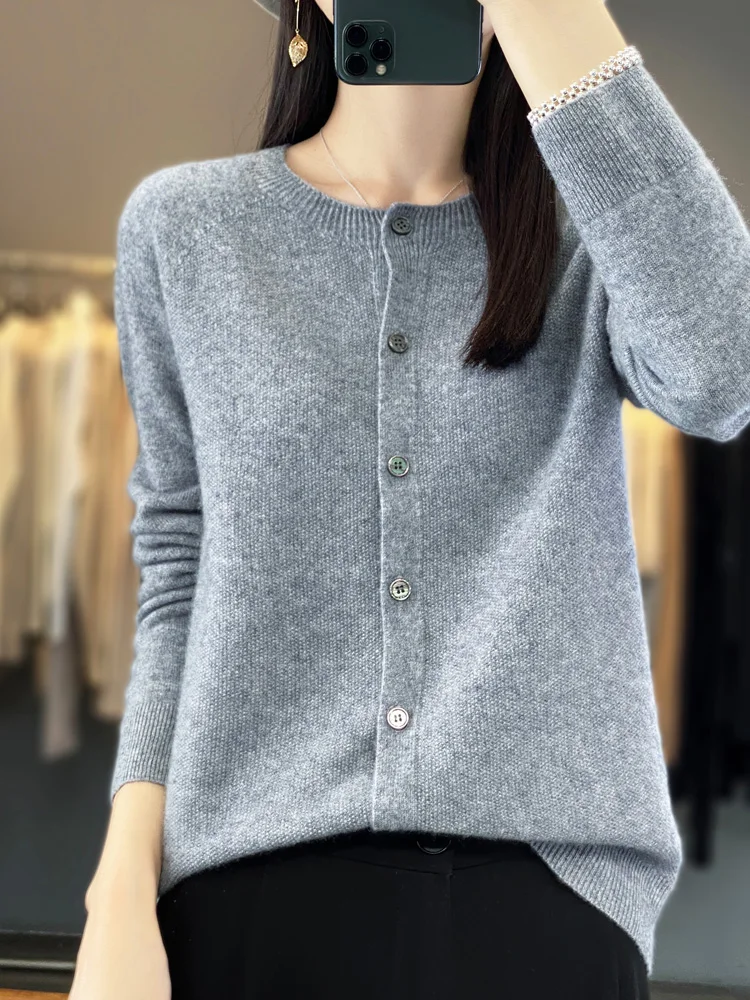 Cardigan Donna In Morbido Cashmere - Scollo Rotondo, Manica Lunga, Tinta Unita - Maglione Aperto Per Primavera, Autunno E Inverno
