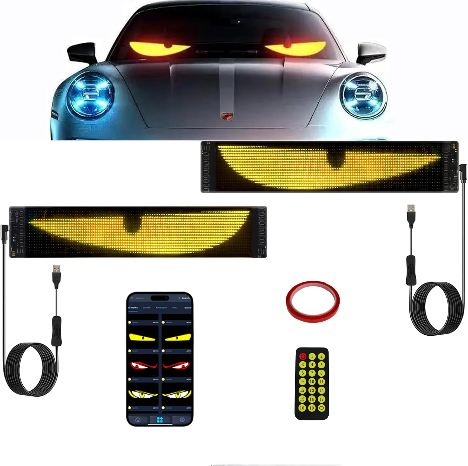 Panneau LED Euakee 12x59.5cm - Devil Eyes Pour Voiture - Écran Souple Programmable Par App - USB