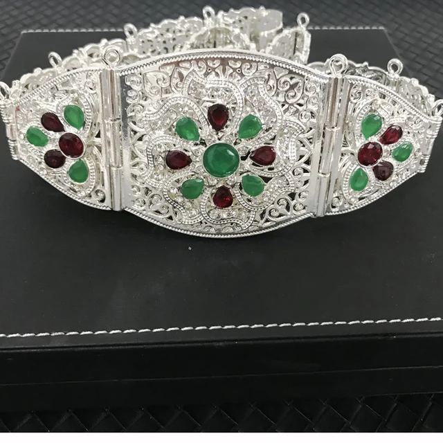 Morocco Women Caftan Belt Gold Color Red Green Stone Ethnic Wedding Dress Kaftan Abaya Metal Waist Chain Belt Jewelry silver 4