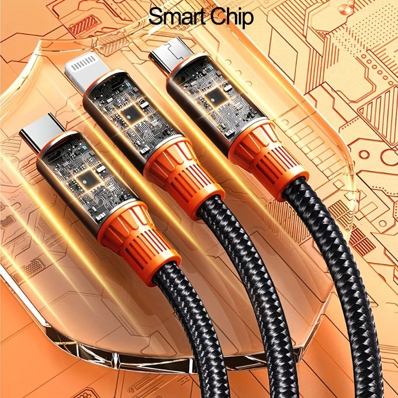 1pc 1.2m/3.9ft 3-in-1 data cable, USB A to type-c/lightning, type-c to type-c/lightning braided transport fast data cable
