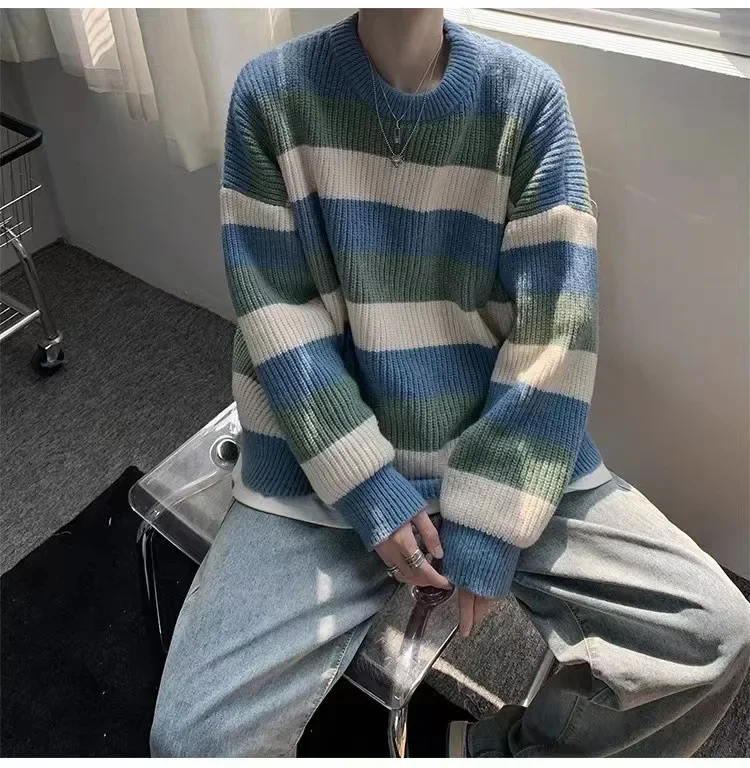 

Contrasting Color Round Neck Sweater for Men Autumn and Winter New Casual Versatile Knitwear Base Sweater