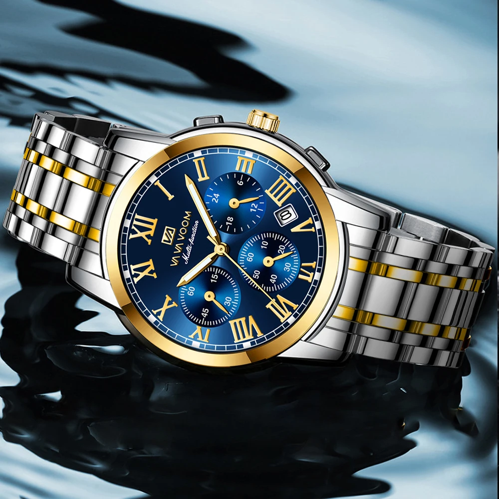 2024 New Mens Orologio Multifunzionale In Acciaio Inossidabile 40Mm Luxury Blue Gold Timing Calendar 3Bar Waterproof Glow Fashion Watches