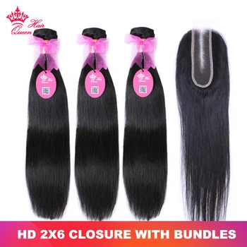 Queen Hair Straight Bundles With HD 2x6 Closure Brazilian Raw Virgin Human Hair Weave Bundles With HD Lace Closure