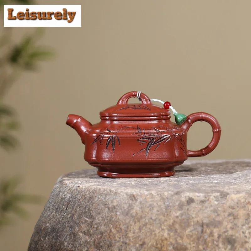 400ml Traditional Yixing Purple Clay Teapots Handmade Square Bamboo Tripod Pot Raw Ore Zhu Mud Kettle Chinese Zisha Teaset Gift