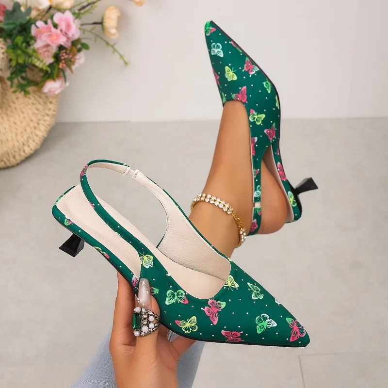 Vintage High Heel Women Sandals Fashion Pointed Toe Singbacks Mules Shoes Summer Elegant Butterfly-knot Dress Sandalias_vogvips.com