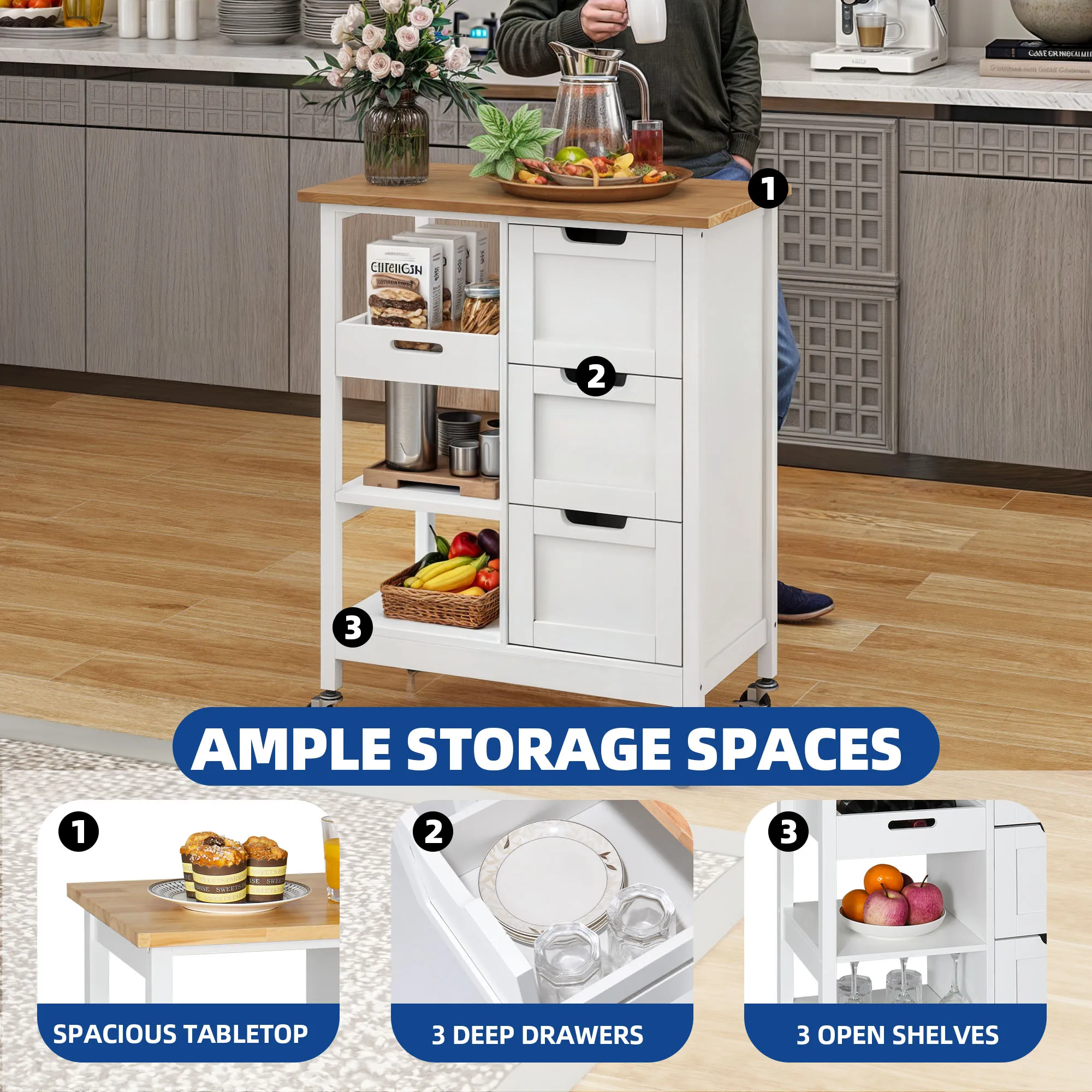 Home Rolling Kitchen Trolley Cart 33'' Tall Wood Storage Drawers Stand Shelves