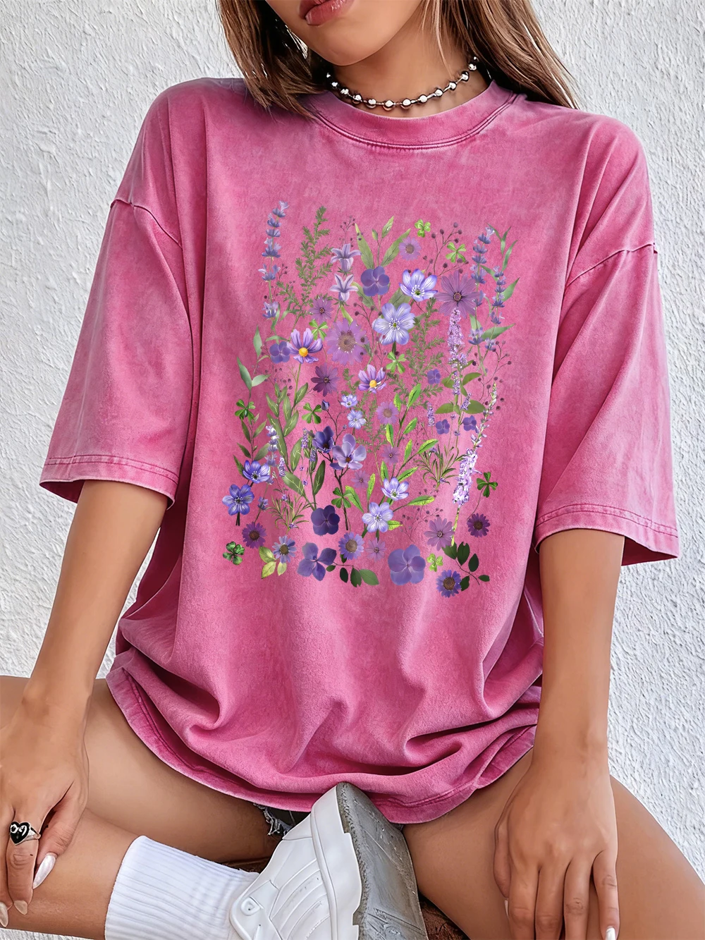 Vibrant Purple Watercolor Floral Oversized Cotton Tee