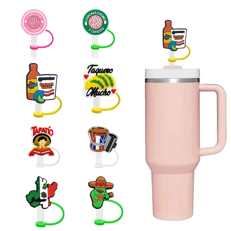 

8pcs Cartoon New Mexico Style Straw Tips Reusable Silicone Dust Cover Straw Cap 7-8mm Cute Straw Sealed Party Decoration Tool
