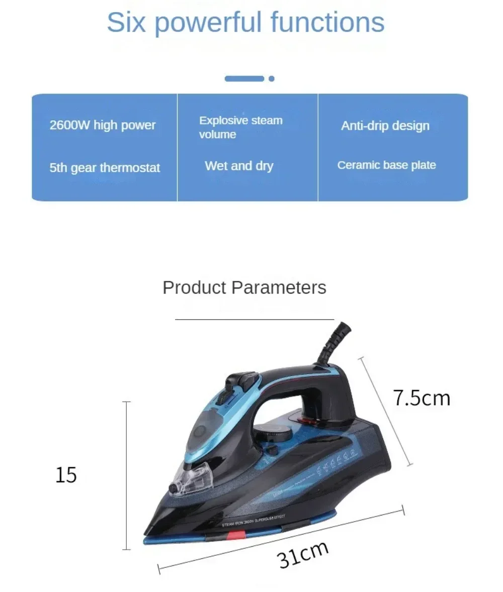 Iron,Steam Iron for Clothes 2600 Watt Wet and Dry Electric Iron, Anti-Drip,Ceramic Soleplate,Fast Heat Remove Wrinkle Of Clothes 6