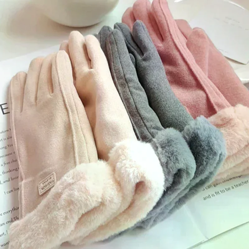 Autumn Winter Warm Suede Gloves Plus Velvet Thickened Plush Decor Cuff Gloves Outdoor Coldproof Touchscreen Riding Ski Gloves