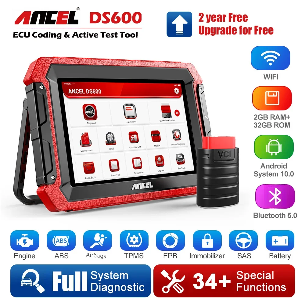 Считыватель кода автомобиля ANCEL DS600 OBD2, полный сканер для двигателя, EPB, подушка безопасности, TPMS, SAS, масло, DPF, сброс, кодирование ECU, автомобильный диагностический инструмент