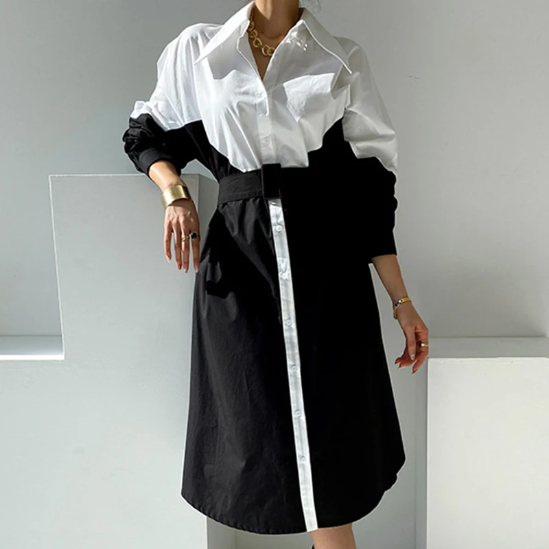 

Autumn Women Tum-Down Dress Fashion Slim Casual Long Sleeve Shirt Dresses Ladies Patchwork Belt Single Breasted Vestidos Female