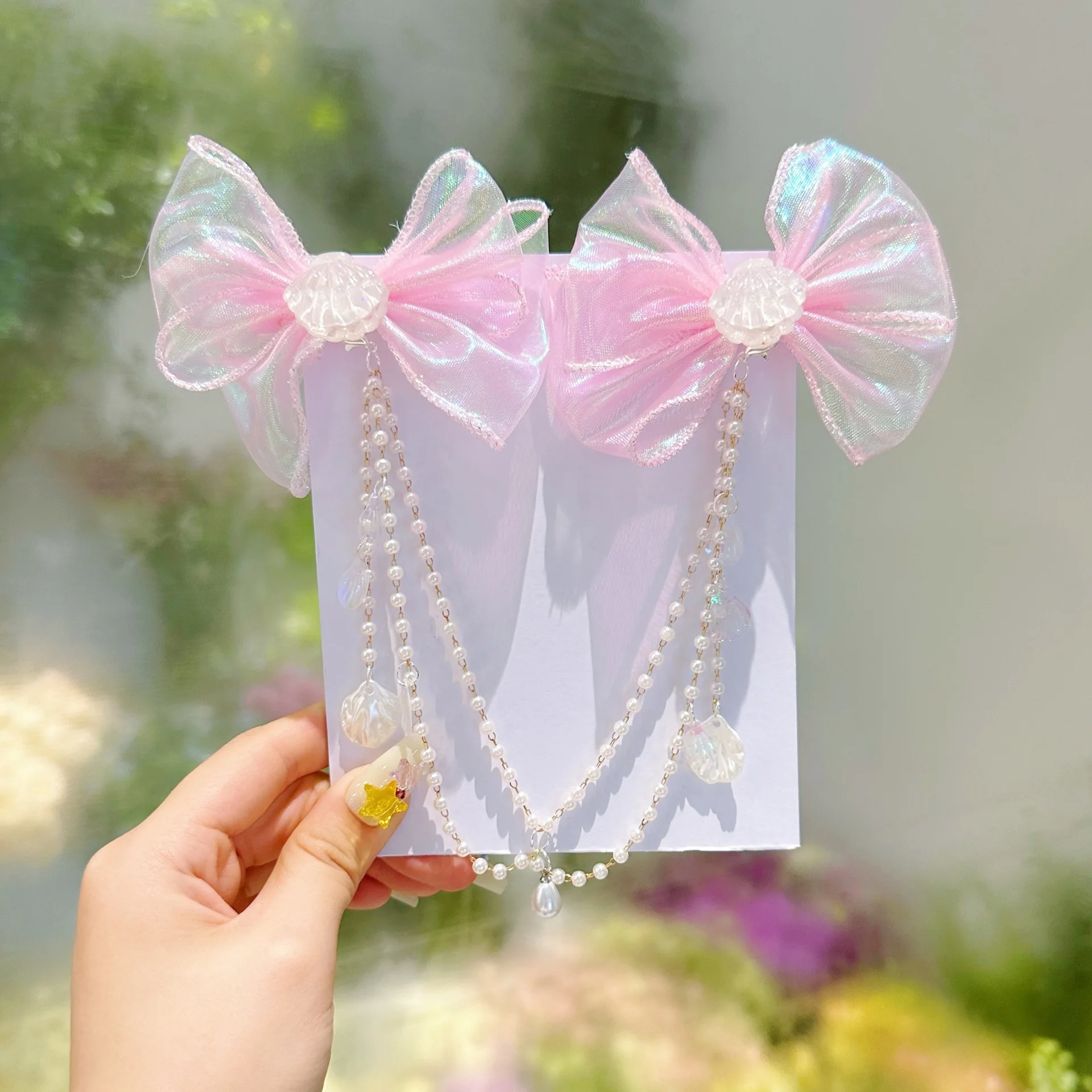 Baby Girls Cute Mermaid Princess Pearl Tassel Bow Forehead Chain Hair Clip