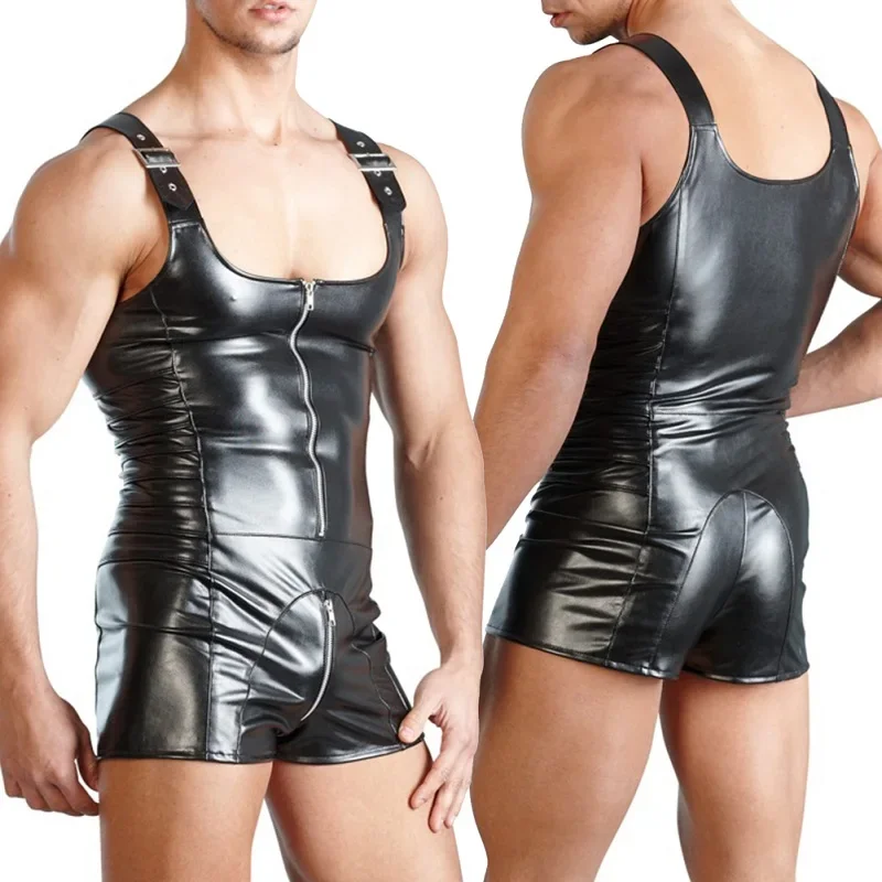 

Sexy Men's Suit Sleeveless Open Crotch Faux Leather Zip Bodysuit Shorts Jumpsuit Shaper