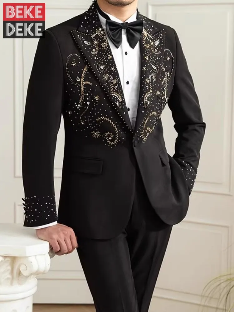 

Mens Wedding Banquet Black Suit Jacket Single Button Slim Fit Fashion Design Luxury Handmade Beading Diamonds Groom Blazer Coat