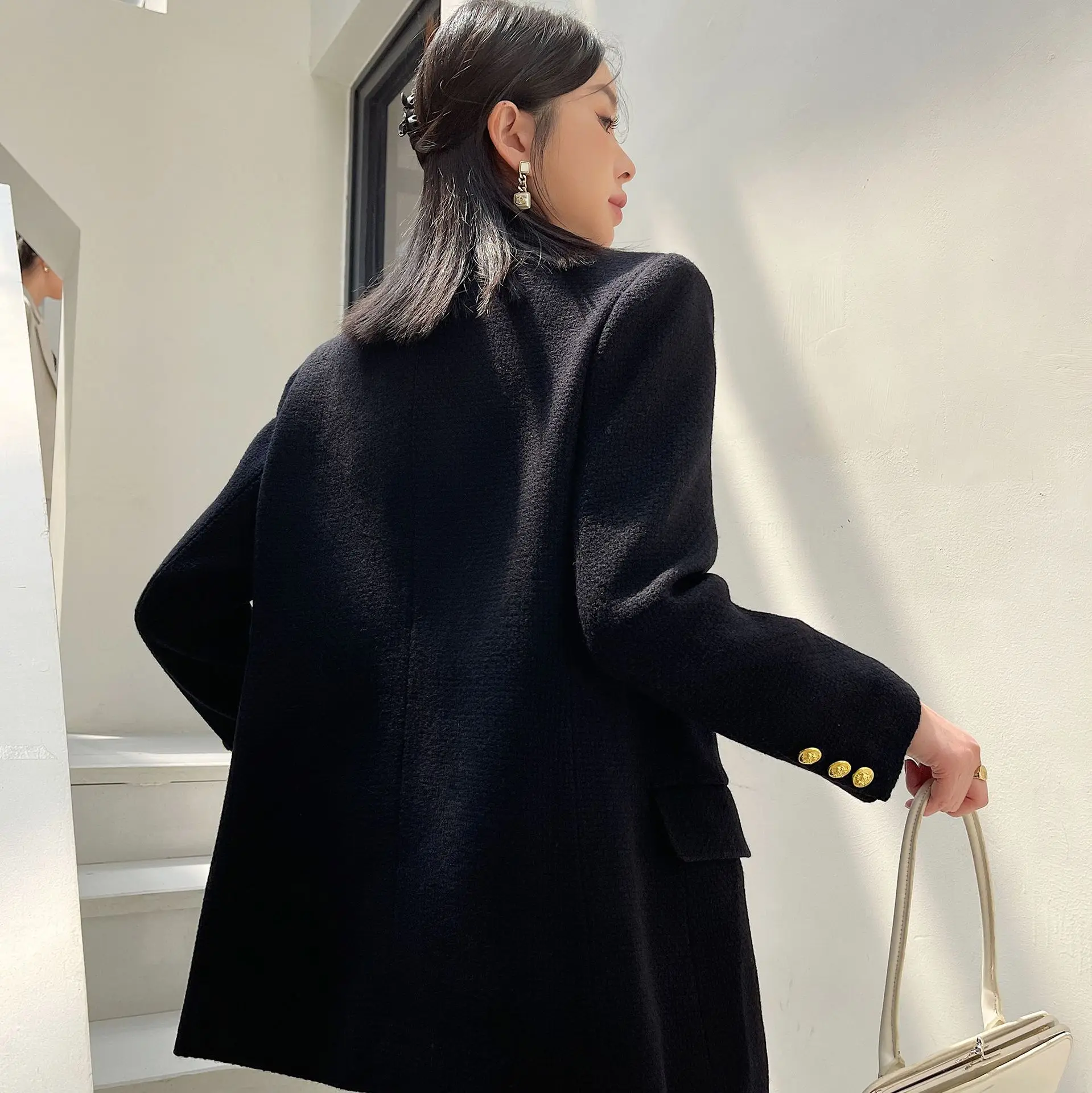 93.5% Wool Coat Women Fashion Double Breasted Tweed Loose Long Black Blazer Coat Jacket Flap Pocket Female Outerwear Chic