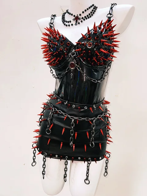 Red Spikey Chain Top and Skirt Set 2
