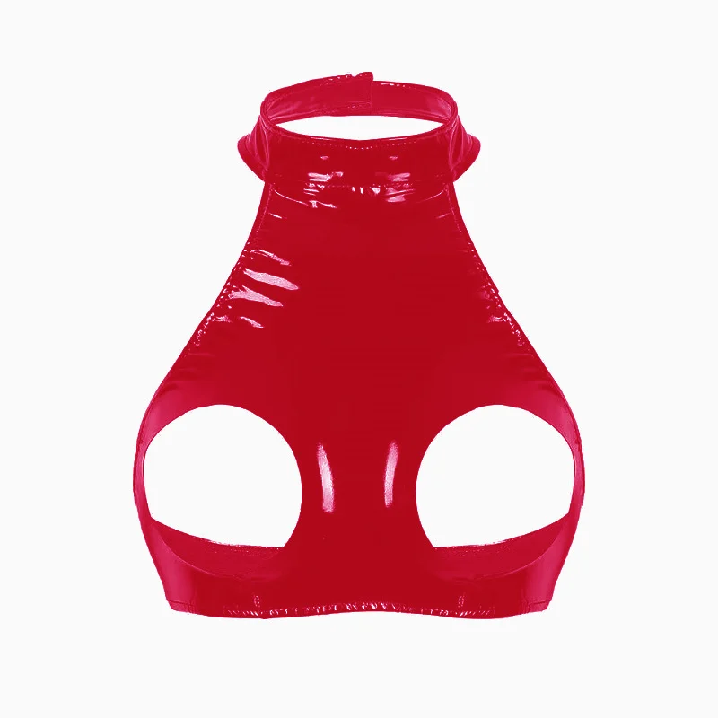 Women PVC Bra Halter Backless Wetlook Fetish Latex Open Chest Bralette Babydoll Underwear Nightwear Tanks
