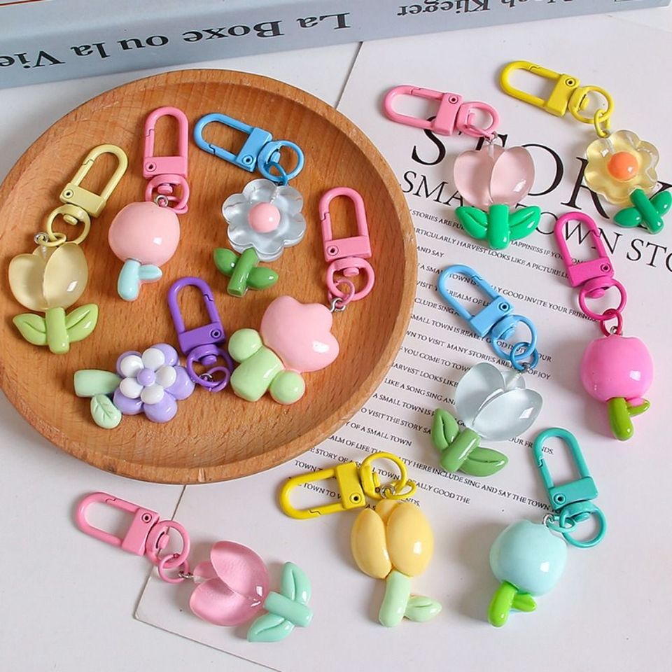Colorful Flower Keychain Cute Cartoon Bag Charm Accessories Pendant Rope Decoration Mini Keychain Hanging Jewelry Bag Decoration