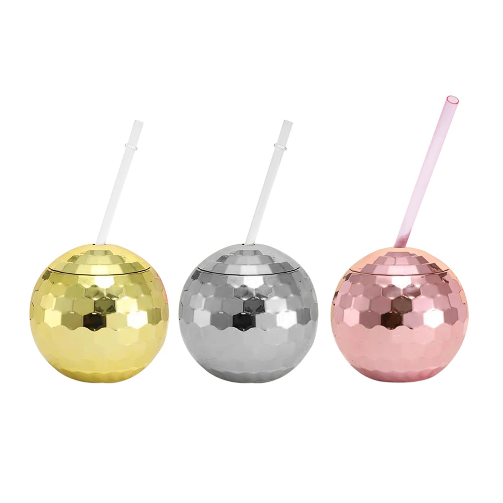 600ml Ball-shaped Sippy Cup Glittering Straw Cup Creative Disco Beverage Cups Spherical Water Cup for Beverage Wine