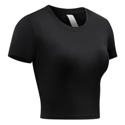 Women's Athletic Short Sleeve Compression Shirt - Quick Dry Stretchy Yoga & Workout Top - XXL (Black Crop Tshirt)