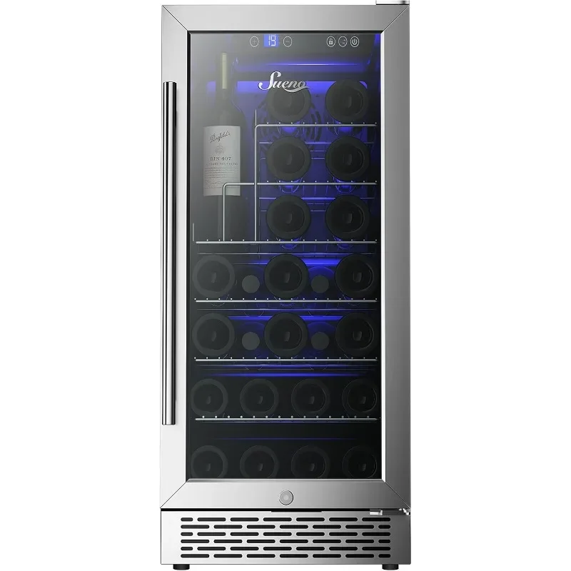 SUENO 15&ldquo; Built-In/Freestanding Wine Cooler Refrigerator 32 Bottles or 96 Cans Digital Touch Control Stainless Steel Mirror