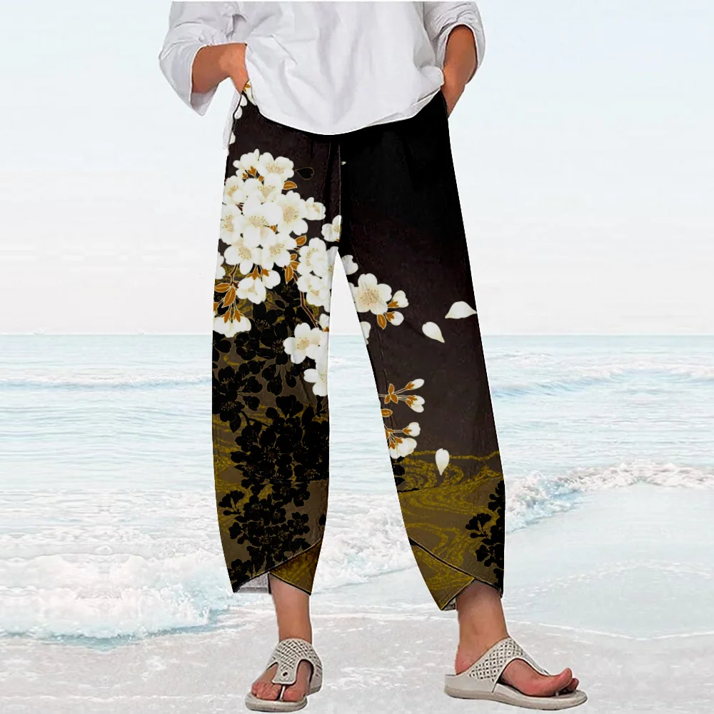 Summer Retro Print Pants Vintage Y2k Pants Streetwear Women Beach Trousers Loose Capri Pantalon Chic Joggers Women Clothes