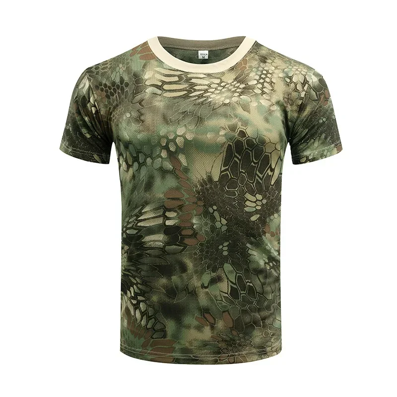 Camisa tática de camuflagem para homens, manga curta, secagem rápida, camiseta de combate, camiseta de treinamento, camuflagem, esportes ao ar livre, caminhadas, camisas de caça