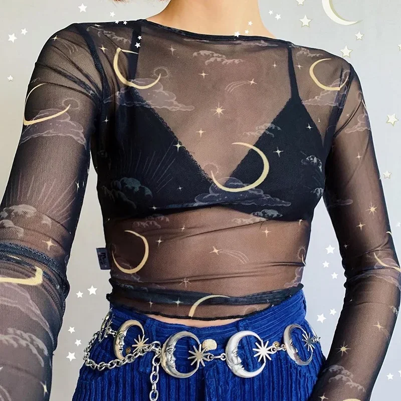 

Ladies See Through Sexy Roundneck Sun Moon T-Shirt Top Y2k Women Tshirt New Long Sleeve Sheer Slim Transparent Mesh T Shirt Tops