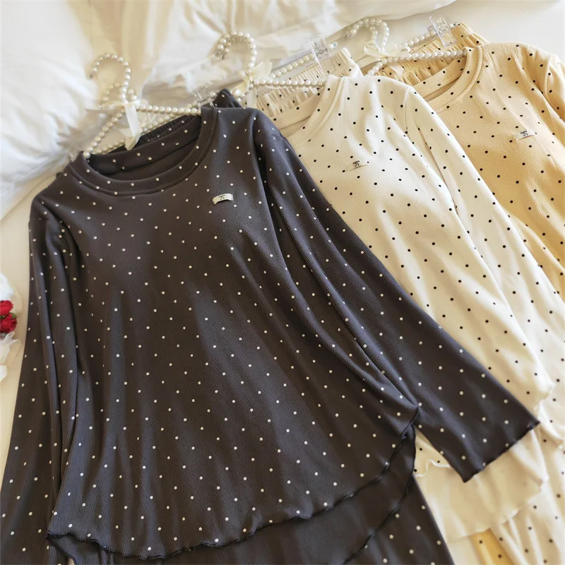 Herbst Winter Dot Pyjamas Für Frauen Brust Pad Langarm Hause Kleidung Casual Modale Baumwolle Nachtwäsche Set Neue Pijama De Mujer – Detail 12