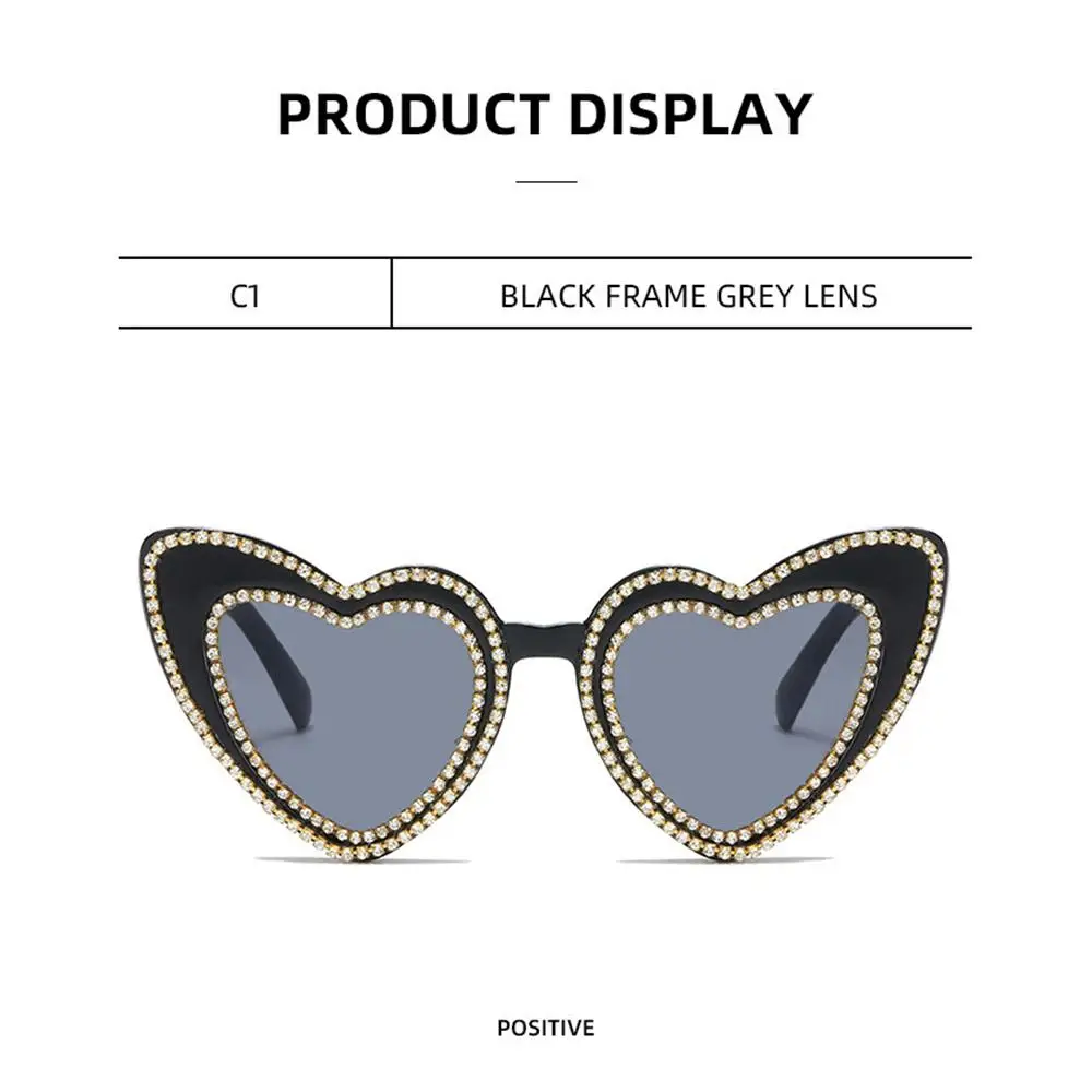 Retro Shining Hip Hop Ladies Eyewear Heart Sunglasses Heart-Shaped Sunglasses for Women Diamond Sun Glasses