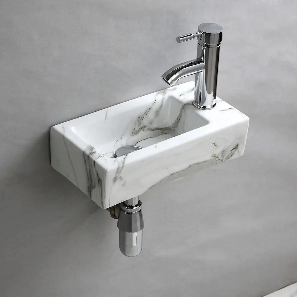 Rectangle Ceramic Wall Hung Basin Sink Small Bathroom Vitreous China with High Gloss Finish Contemporary Design Single Tap Hole 3