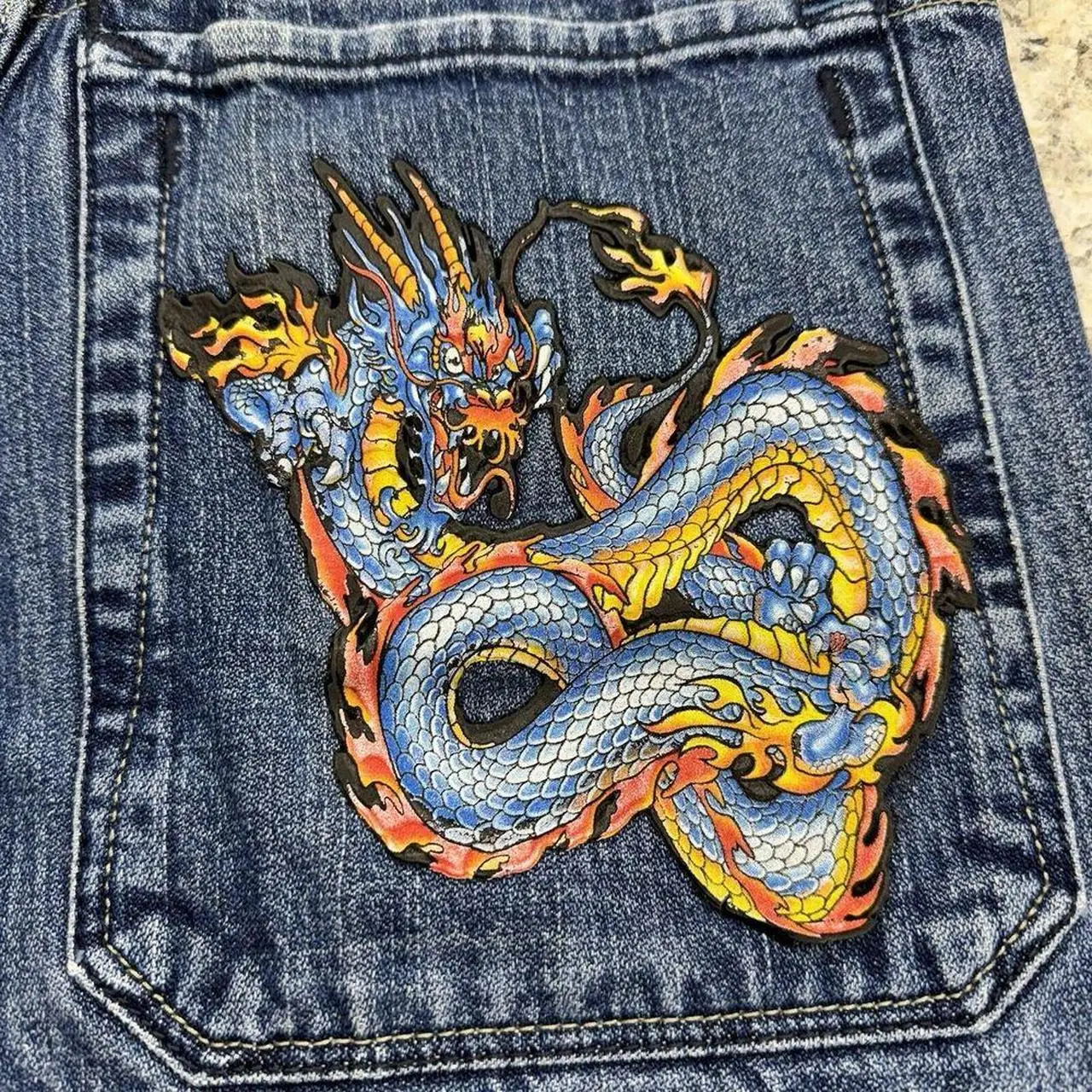 Y2K Retro Streetwear Dragon Shape Pattern Patchwork Denim Short Jeans Men Women Hip Hop Blue Loose Jorts Fitness Casual Shorts